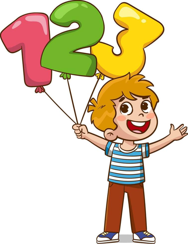 tekenfilm vector illustratie van jongen Holding kleurrijk ballon met 123 aantal