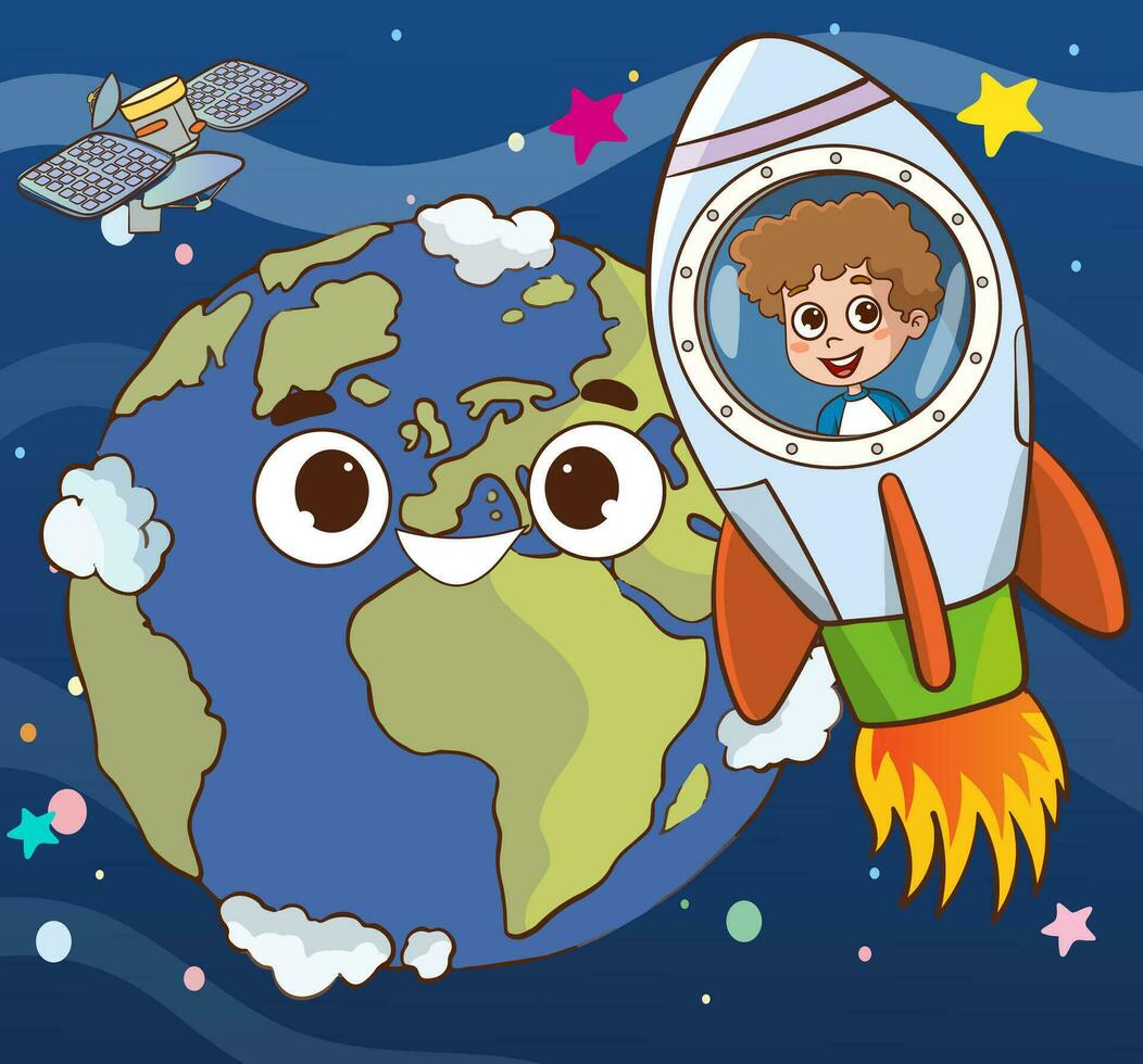 vector illustratie van kind astronaut voelt gelukkig in ruimte