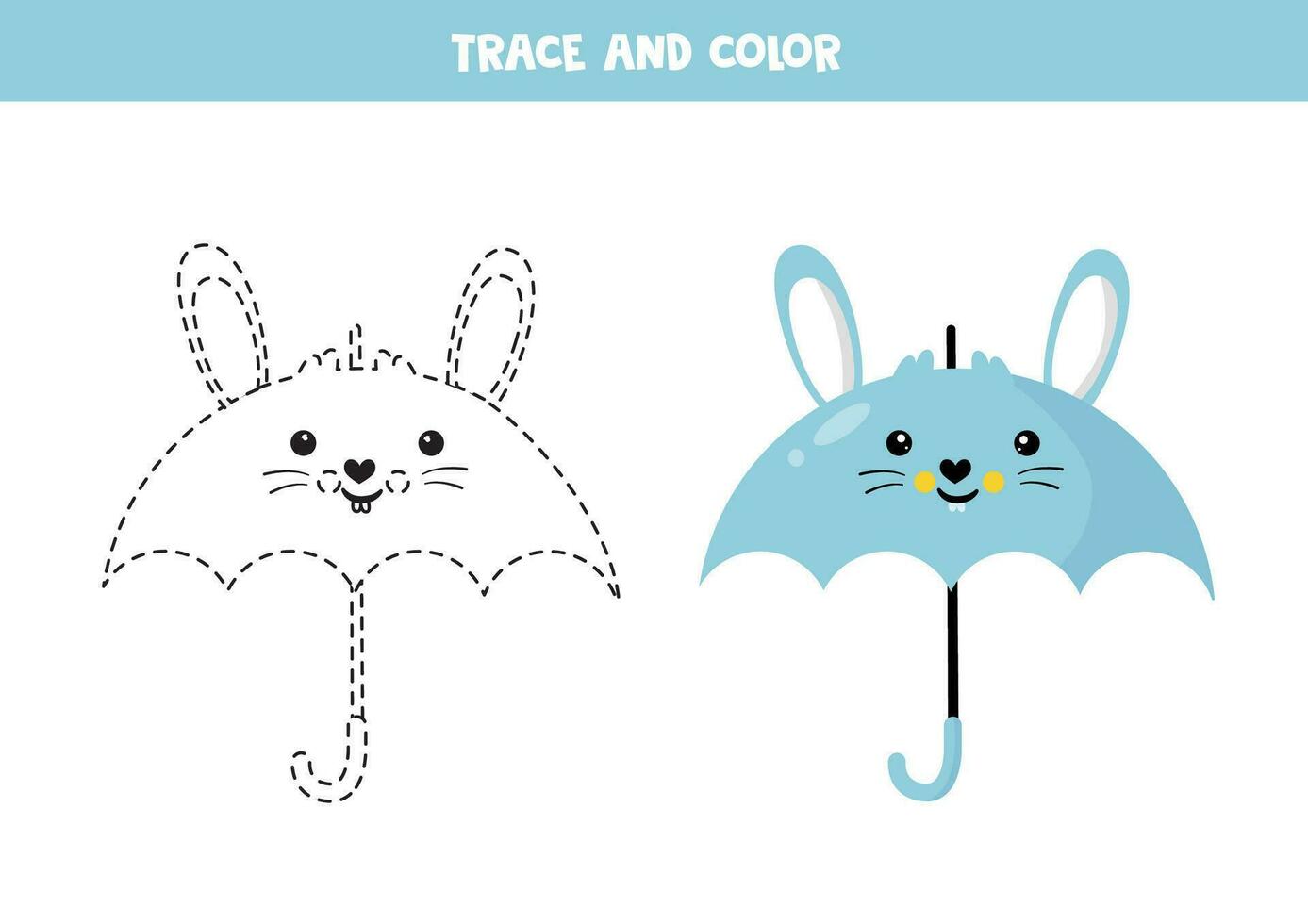 spoor en kleur schattig tekenfilm blauw konijn paraplu . werkblad voor kinderen. vector