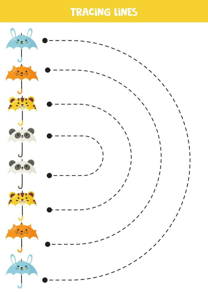 traceren lijnen voor kinderen. tekenfilm schattig dier paraplu's. handschrift oefening. vector