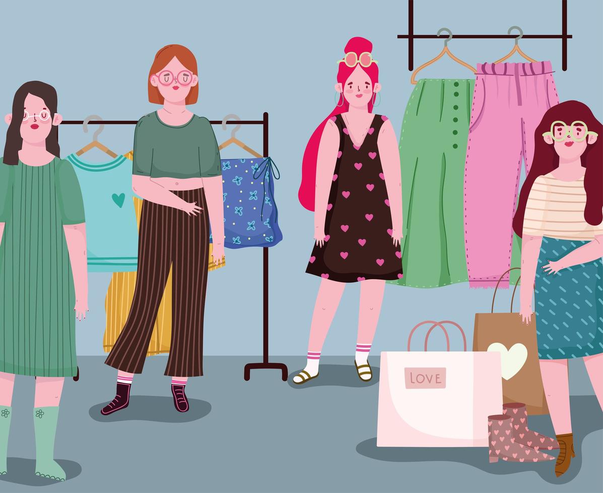 vrouwen winkelen trendy kleding vector