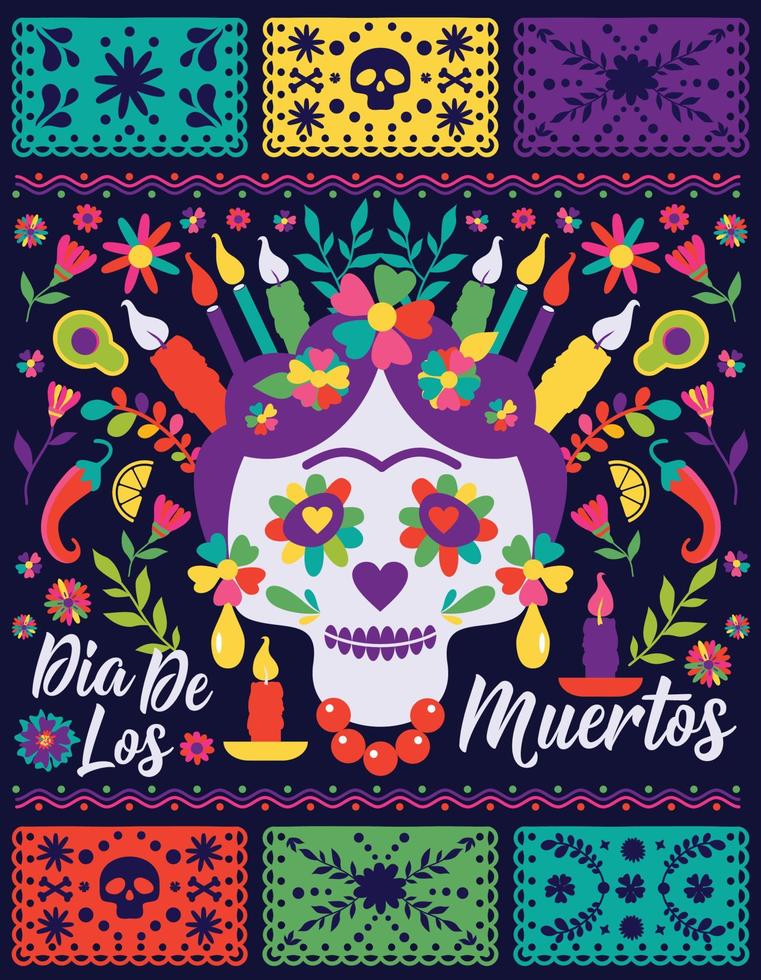 dias de los muertos trend platte banner vector. in het engels feest van de dood. mexico ontwerp voor fiesta kaarten of uitnodiging voor feest, poster. bloemen traditioneel Mexicaans frame met bloemenletters vector