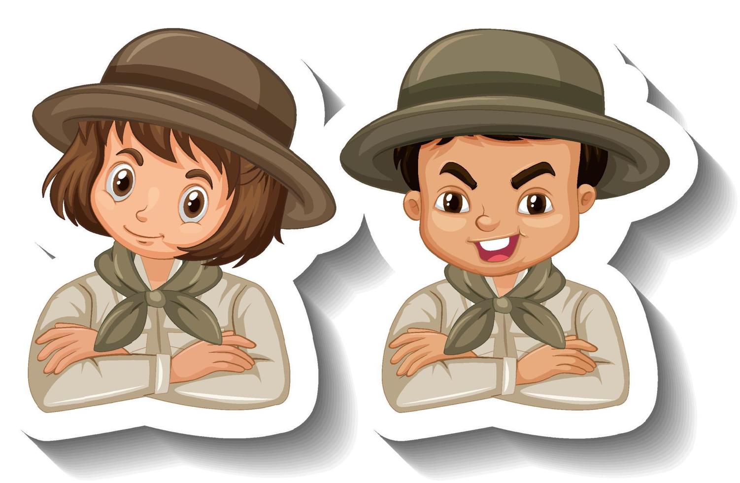 paar kinderen dragen safari-outfit stripfiguursticker vector