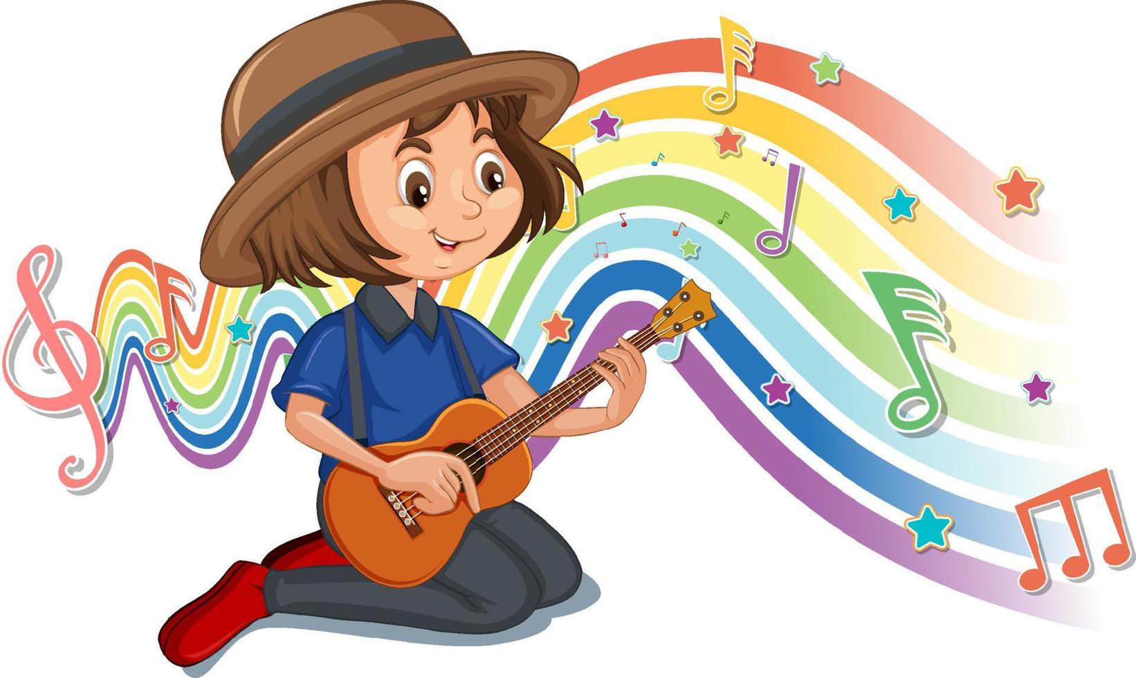 meisje dat gitaar speelt met melodiesymbolen op regenbooggolf vector