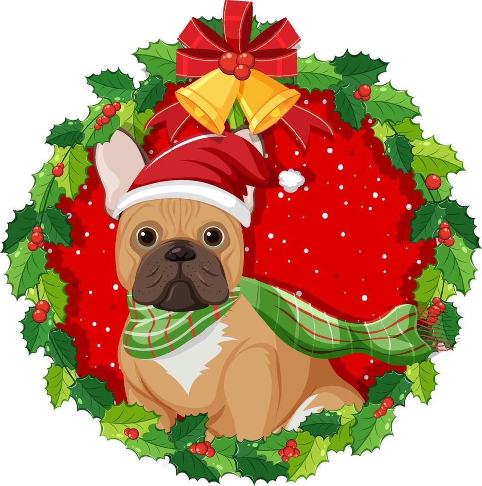 cartoon franse bulldog in kerstkrans geïsoleerd vector