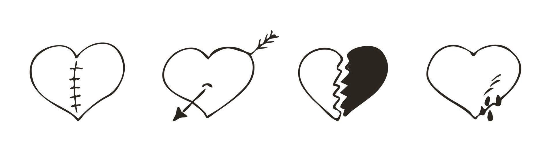 set van doodle gebroken hart pictogram. liefde symbool. schattig hand getekend vector grafische illustratie geïsoleerd op een witte achtergrond. eenvoudig overzichtsstijlteken. kunst schets patroon