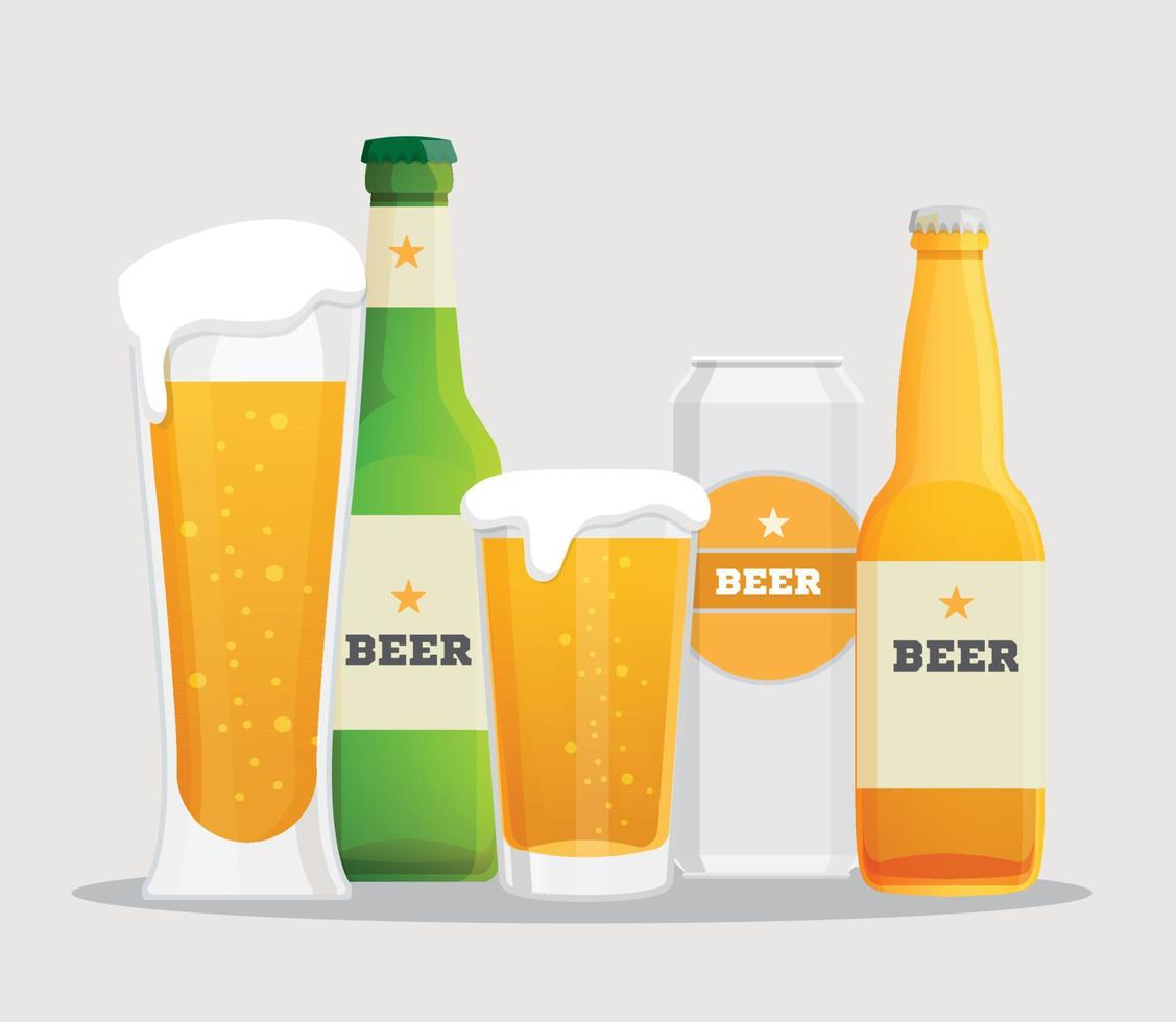 bier vector iconen set glas, bierflesjes set met label op witte achtergrond