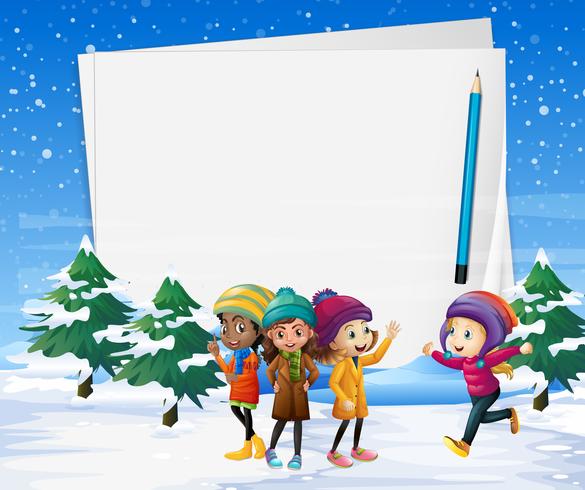 Papiersjabloon met kinderen in sneeuwveld vector