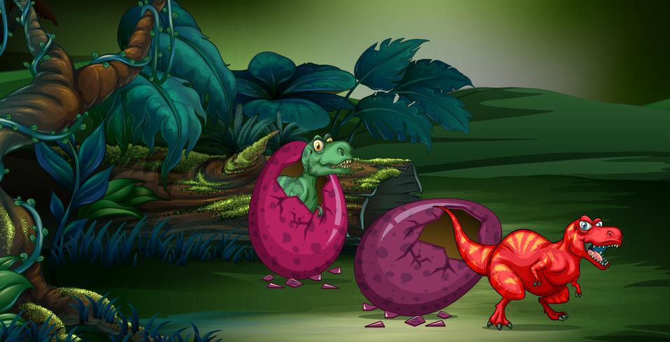 Bosscène met twee dinosaurussen uitbroedend ei vector