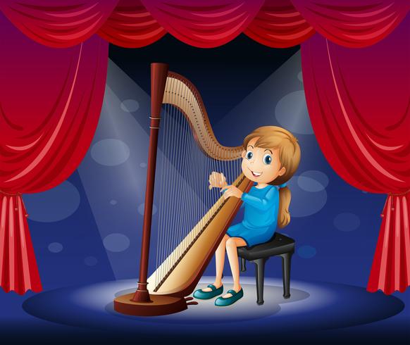 Meisje harp spelen op het podium vector