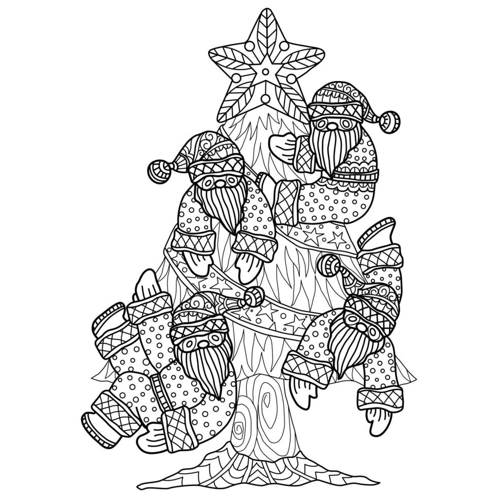 Kerstman en kerstboom hand getekend voor volwassen kleurboek vector