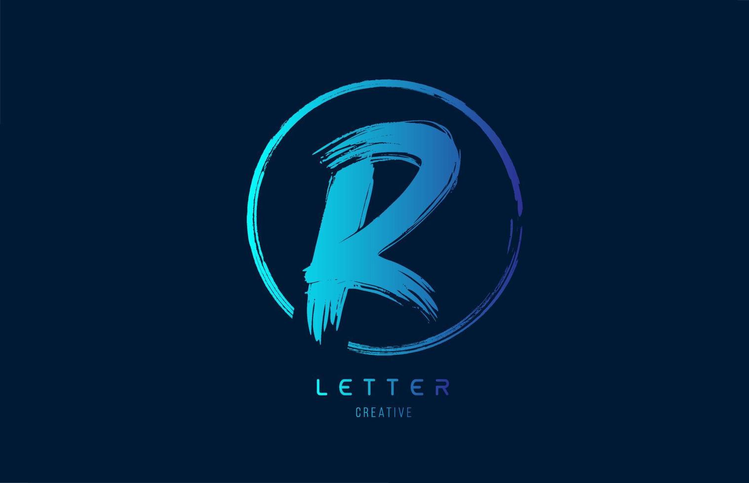 blauwe hand grunge brush letter r pictogram logo met cirkel. alfabetontwerp voor een bedrijfsontwerp vector