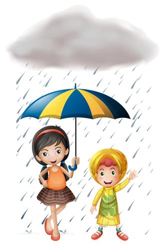 Twee kinderen met paraplu en regenjas in de regen vector