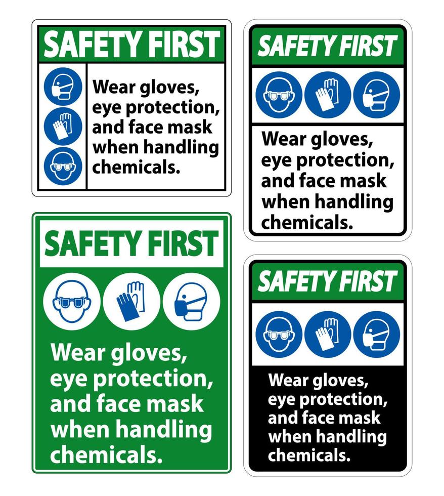 veiligheid draag eerst handschoenen, oogbescherming en gezichtsmasker teken isoleren op witte achtergrond, vectorillustratie eps.10 vector