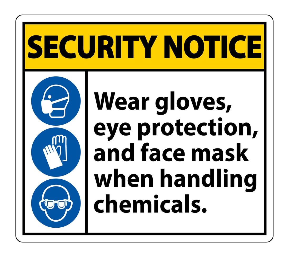 veiligheidsmededeling draag handschoenen, oogbescherming en gezichtsmasker teken isoleren op witte achtergrond, vector illustratie eps.10