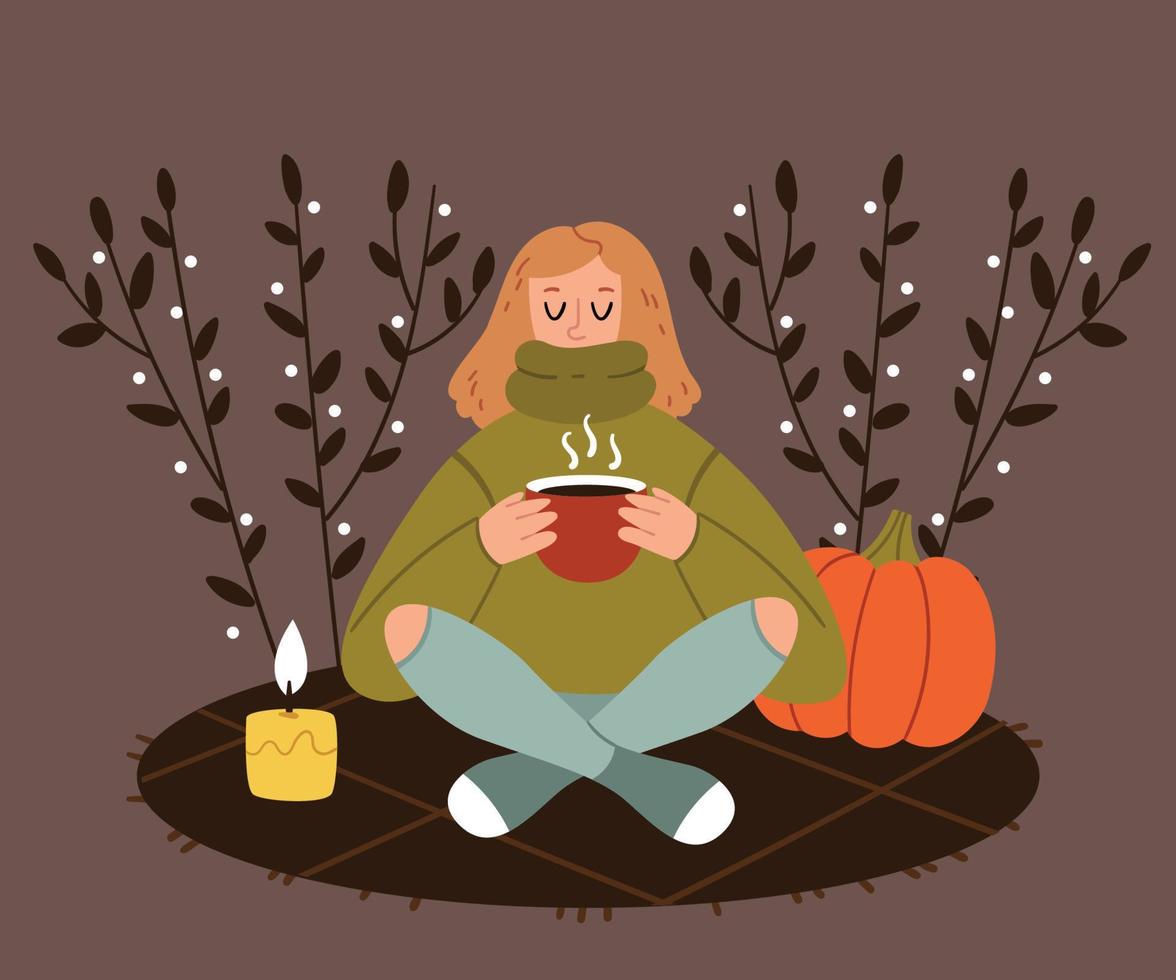 het meisje in het herfstpark drinkt koffie, thee, cacao. herfst picknick. romantische sfeer. Scandinavische stijl. vector
