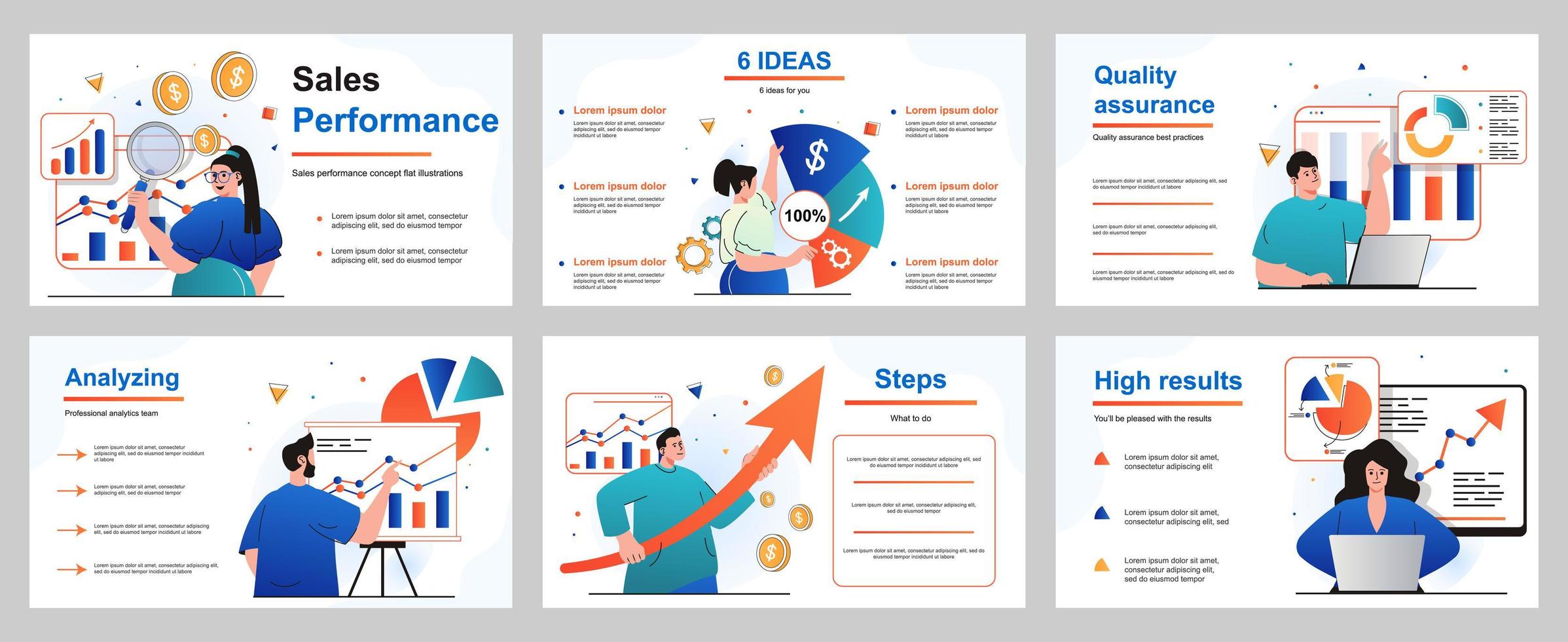 verkoopprestatieconcept voor presentatiediasjabloon. mensen analyseren financiële gegevens, bedrijfsanalyses en inkomensgroei, werken met grafieken en diagrammen. vectorillustratie voor lay-outontwerp vector