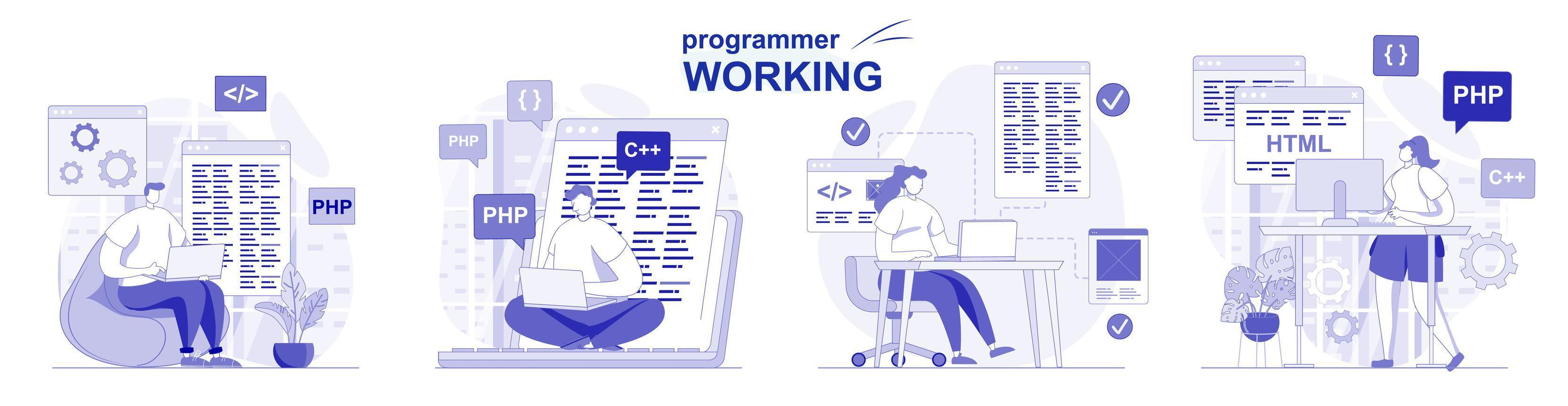 programmeur werkt geïsoleerde set in plat ontwerp. mensen coderen, testen, programmeersoftware, verzameling scènes. vectorillustratie voor bloggen, website, mobiele app, promotiemateriaal. vector