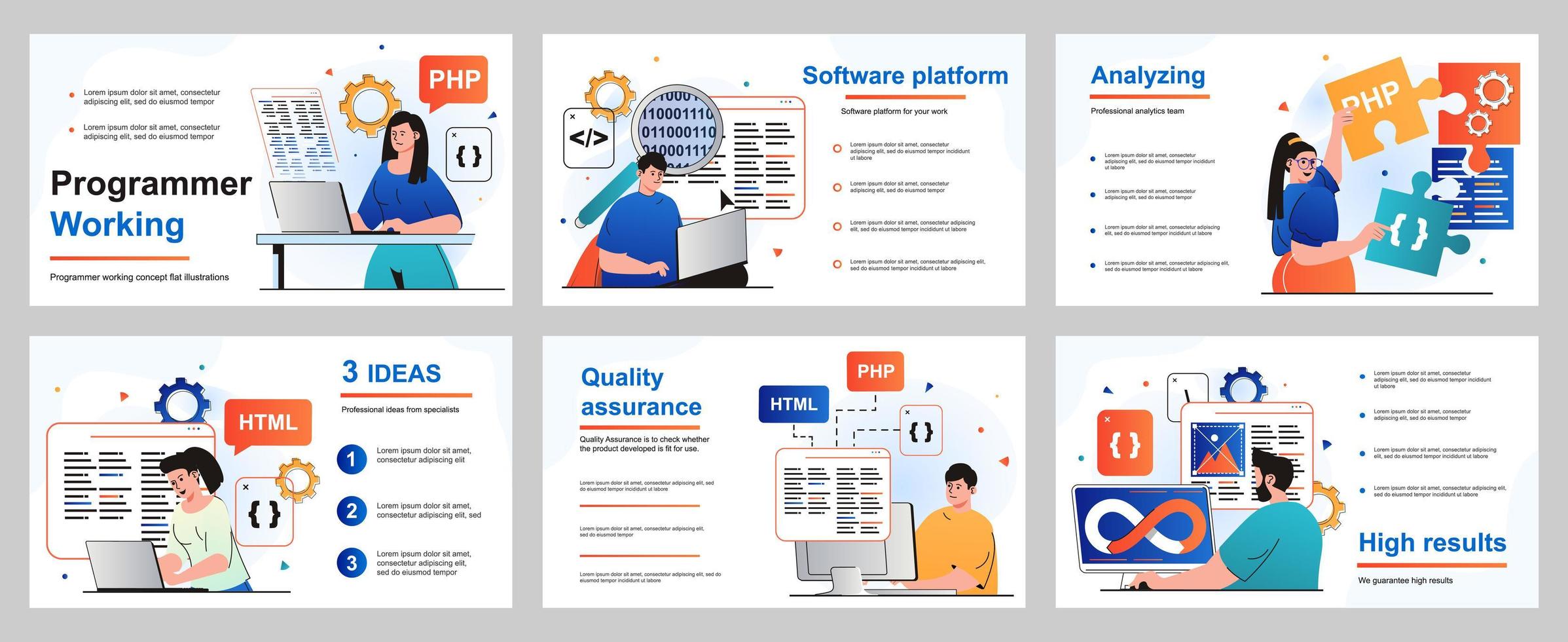 programmeur werkconcept voor presentatiedia-sjabloon. ontwikkelaars programmeren in verschillende programmeertalen, maken software, coderen en optimaliseren. vectorillustratie voor lay-outontwerp vector