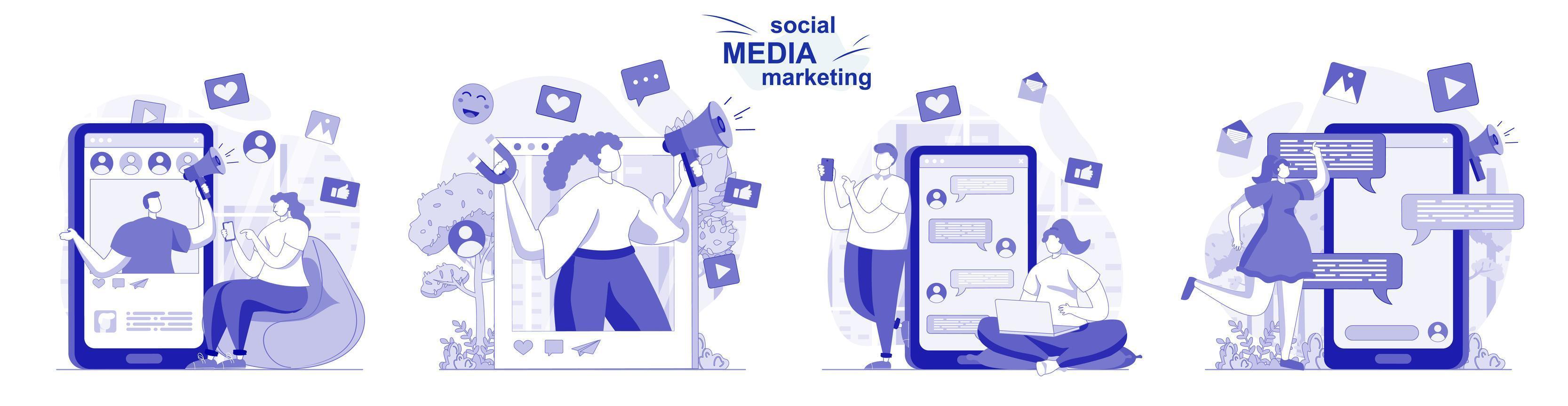 sociale media marketing geïsoleerde set in plat ontwerp. mensen ontwikkelen promotiestrategie, reclame, verzameling scènes. vectorillustratie voor bloggen, website, mobiele app, promotiemateriaal. vector