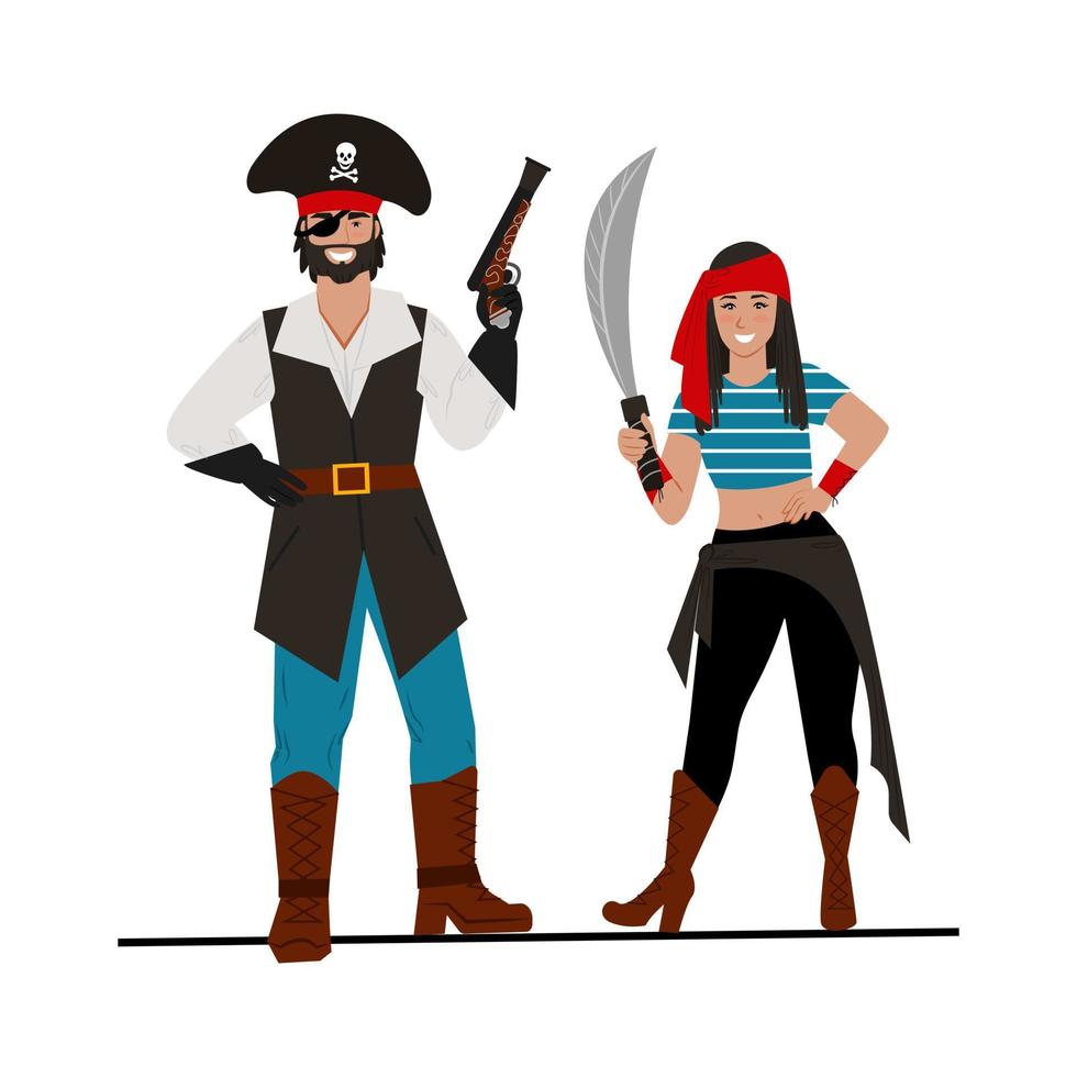 bundel piraat. een paar piratenmeisjes en een jongen, verschillende piratenitems. vector illustratie