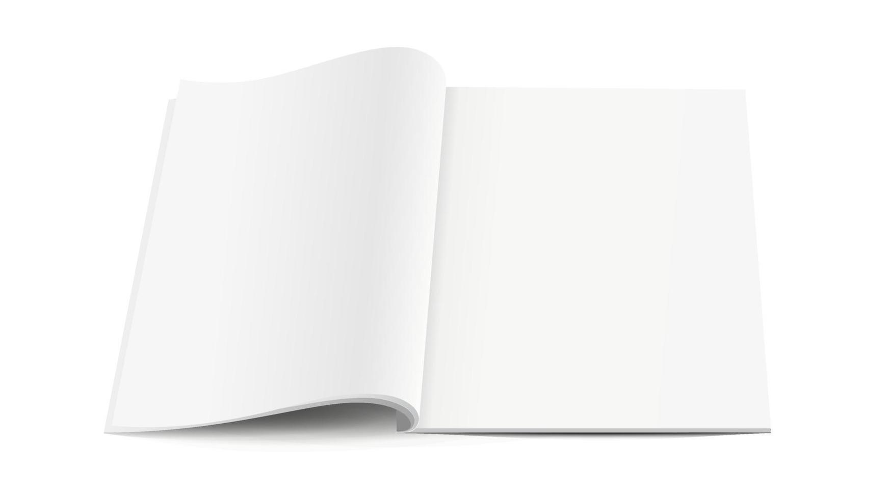 wit leeg geopend tijdschrift met zachte schaduwen op witte achtergrond, mock up vector