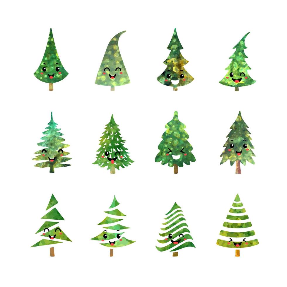 vector kleurrijke illustratie set van een kerstboom pictogrammen geïsoleerd op een witte achtergrond, met schattige emotionele gezichten