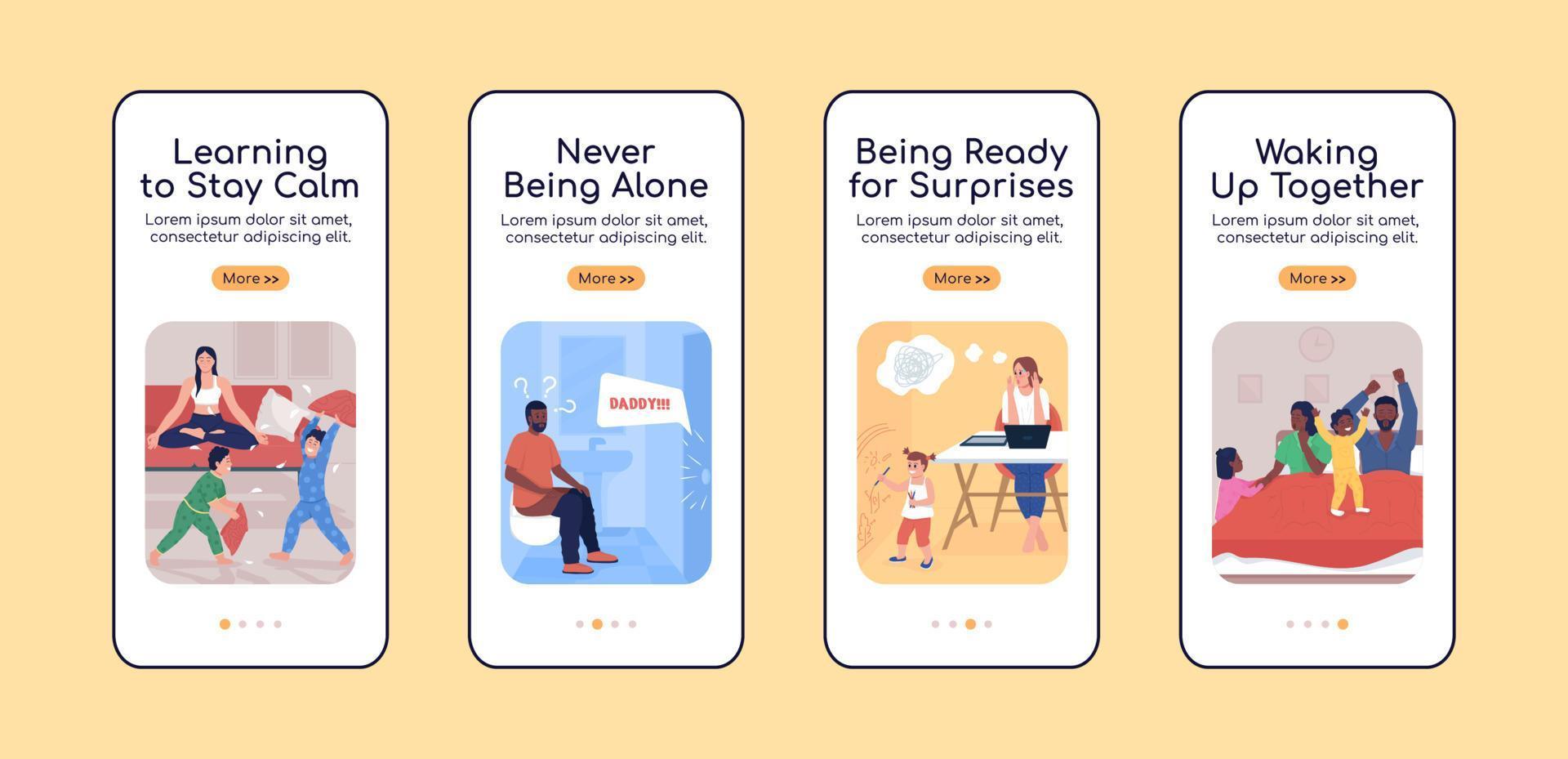 ouderschap uitdagingen onboarding mobiele app scherm platte vector sjabloon. walkthrough website 4 stappen met karakters. creatieve ux, ui, gui smartphone cartoon-interface, case prints set