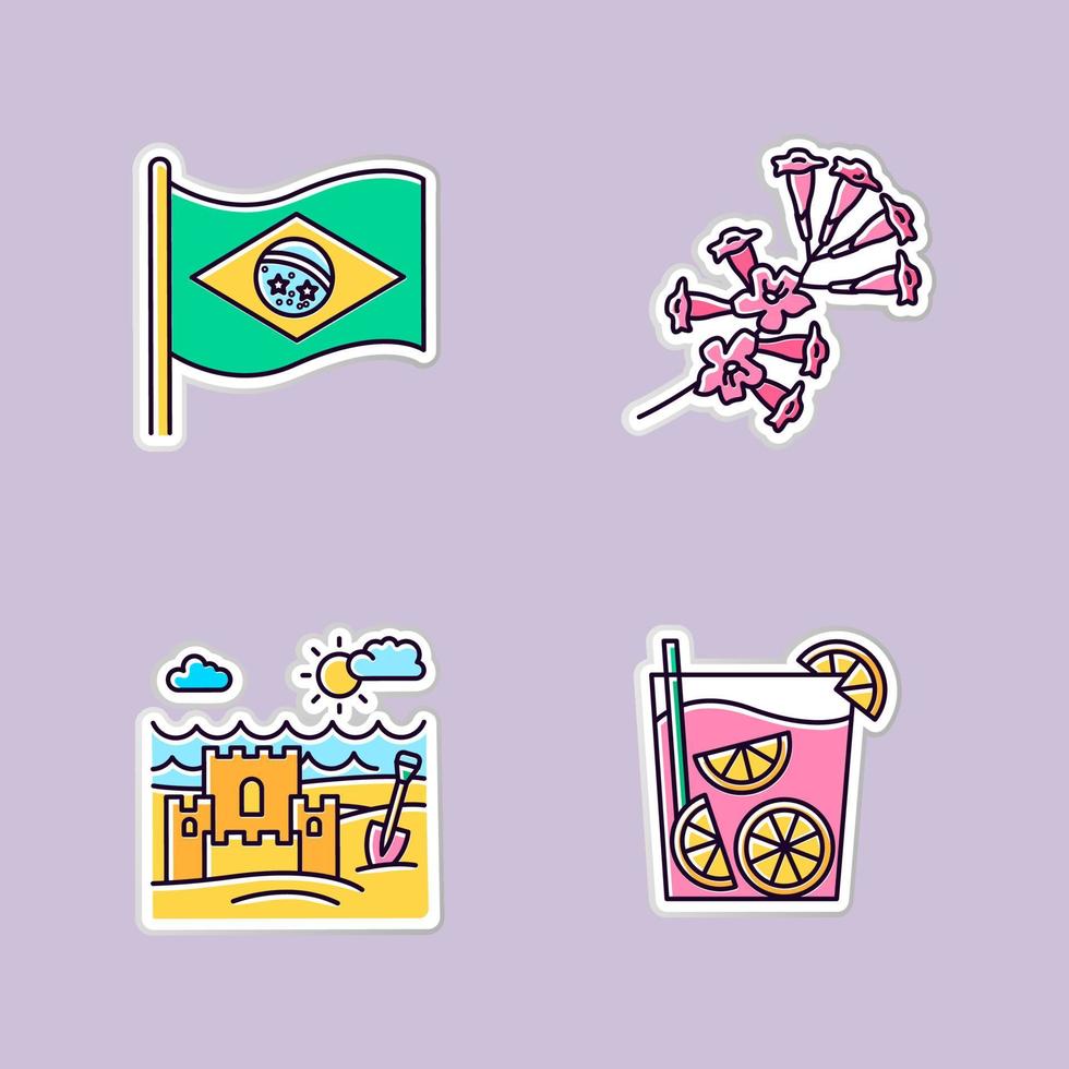 Brazilië afdrukbare patches. nationale vlag. RGB-kleuren stickers, pinnen en badges set. plumeria. caipirinha. zandkasteel aan de kust. traditionele cocktail. oceaan strand. geïsoleerde vectorillustraties vector