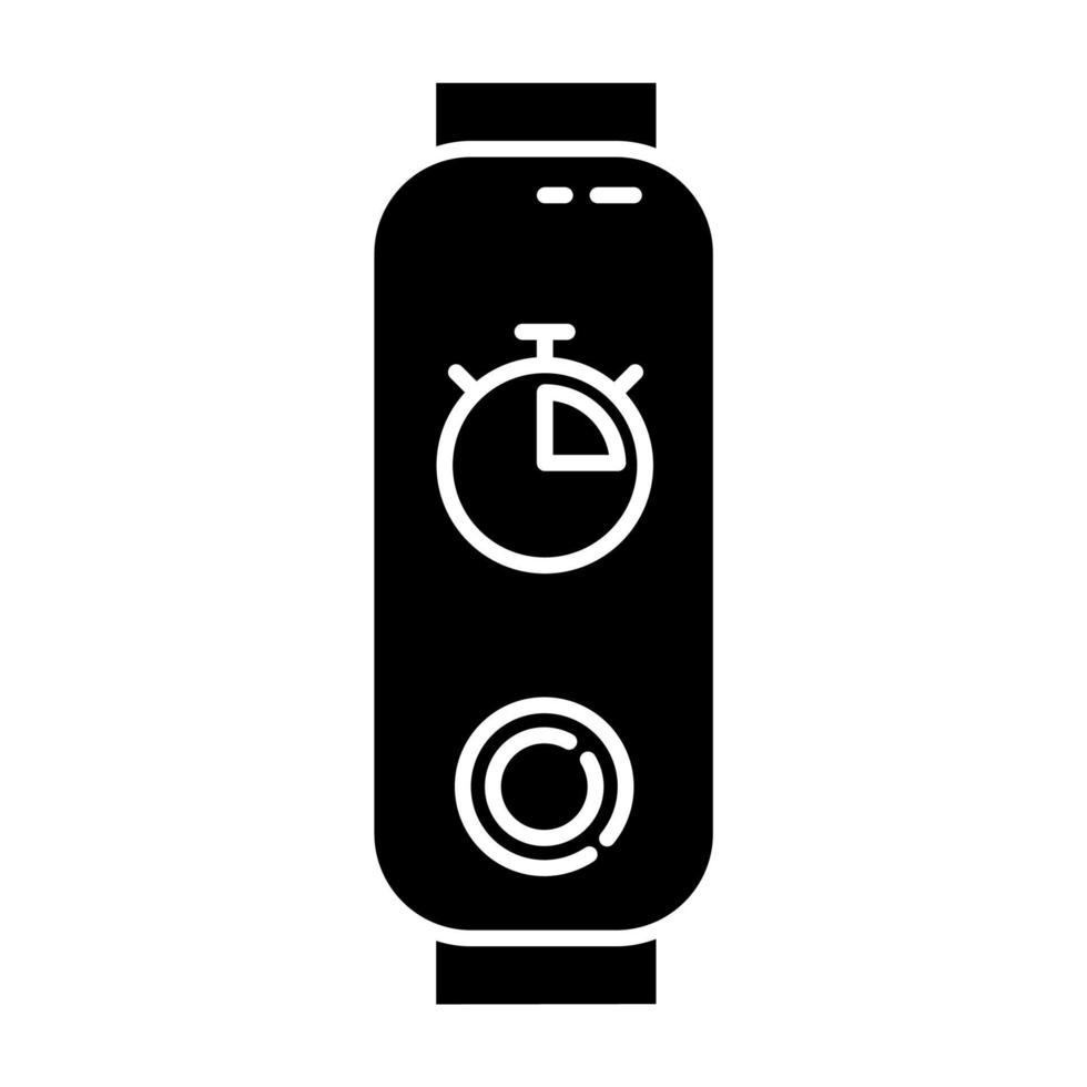 fitness-tracker met stopwatch op display glyph-pictogram. trendy wellnessapparaat met digitale timer. actieve levensstijlgadget, chronometer. silhouet symbool. negatieve ruimte. vector geïsoleerde illustratie