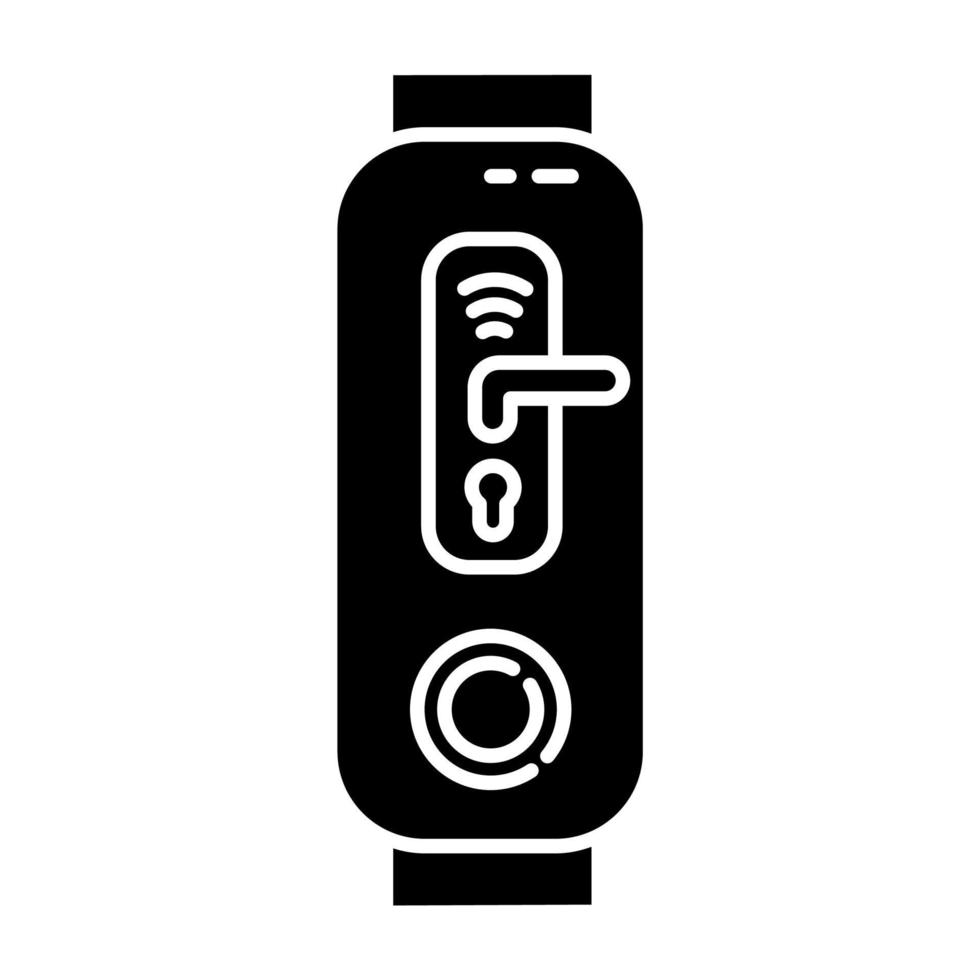 fitness-tracker met glyph-pictogram voor digitale deurslotfunctie. apparaat met innovatieve smart home control-optie. deurklink en wifi-teken. silhouet symbool. negatieve ruimte. vector geïsoleerde illustratie