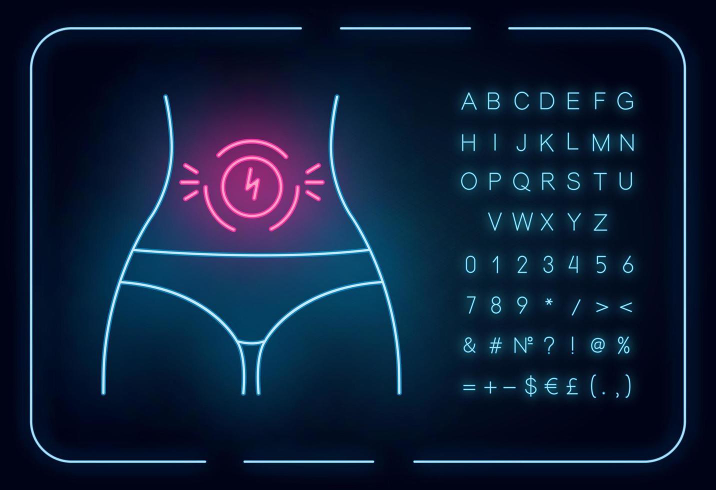 buikpijn neon licht icoon. maagpijn. menstruatiekrampen, menstruatiekrampen. symptoom van predmenstrueel syndroom. gloeiend bord met alfabet, cijfers en symbolen. vector geïsoleerde illustratie