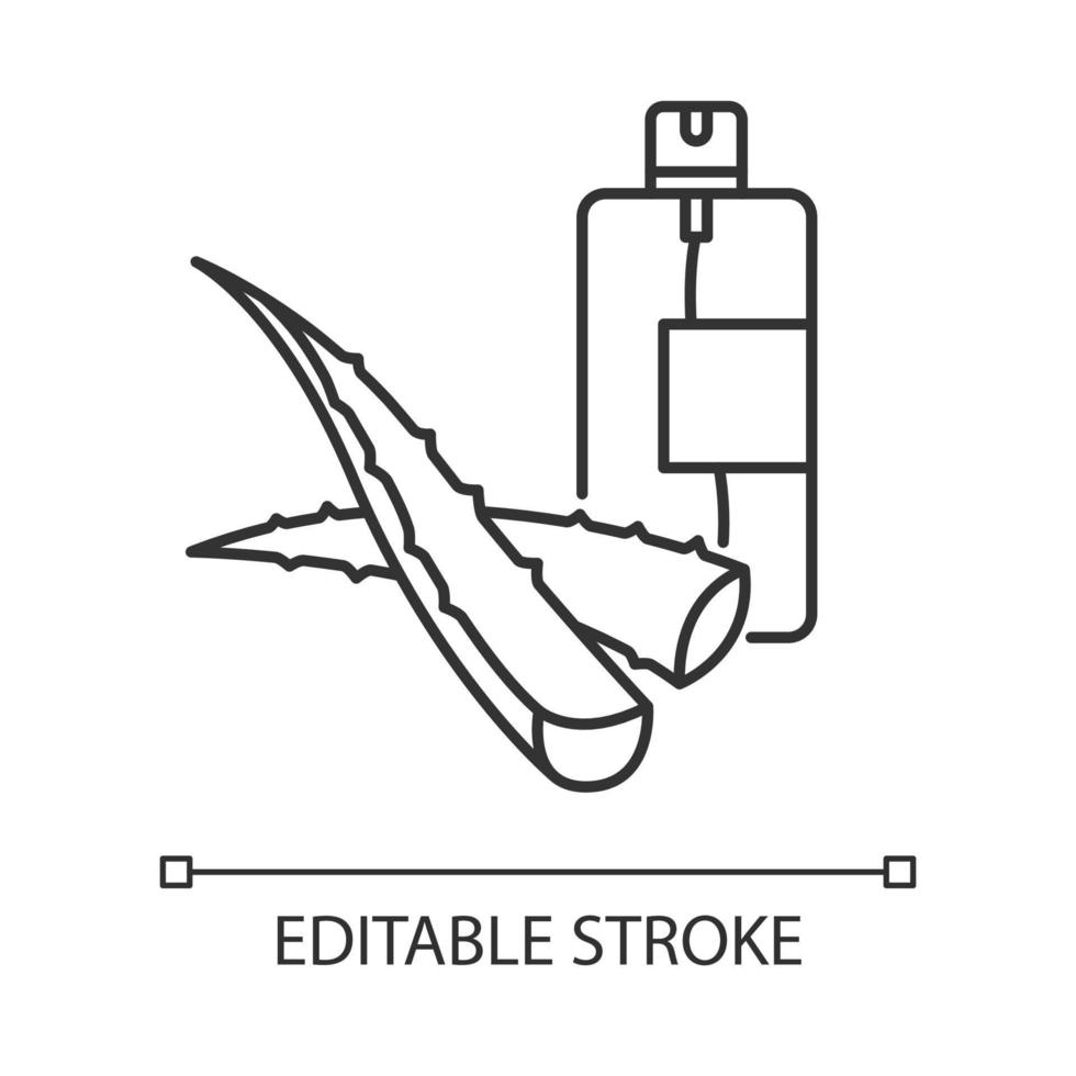 aloë vera noodspray pixel perfect lineair pictogram. cosmetisch product in spuitbus. natuurlijke essentie. dunne lijn aanpasbare illustratie. contour symbool. vector geïsoleerde overzichtstekening. bewerkbare streek