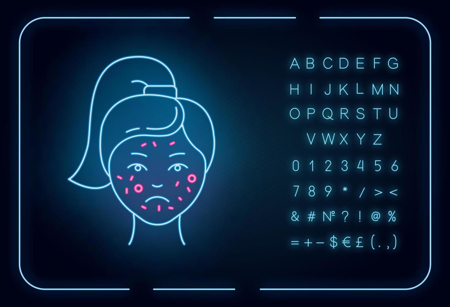 acne neonlicht icoon. puistjes op vrouwelijk gezicht. huidverzorging voor ontstekingen en irritaties. gezichtsbehandeling. cosmetologie. gloeiend bord met alfabet, cijfers en symbolen. vector geïsoleerde illustratie