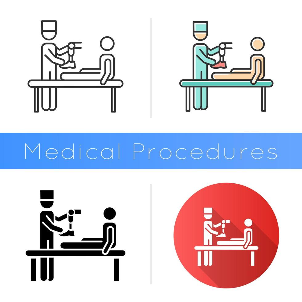 prothese icoon. medische ingreep. dokter, patiënt. geamputeerde zonder ledemaat. been prothese. blessure behandeling. hulp voor veteranen. plat ontwerp, lineaire en kleurstijlen. geïsoleerde vectorillustraties vector