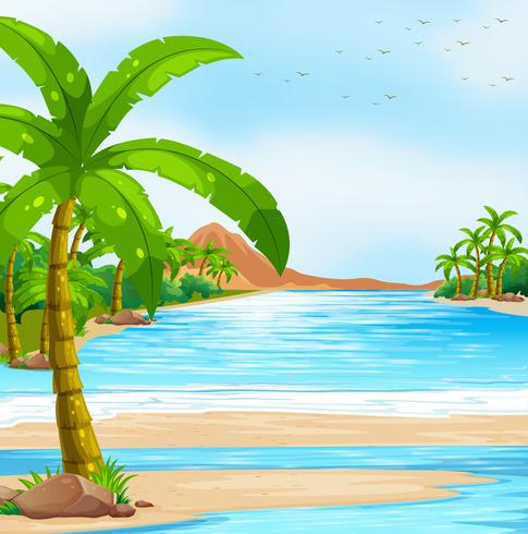Scène met blauwe oceaan en kokospalmen vector