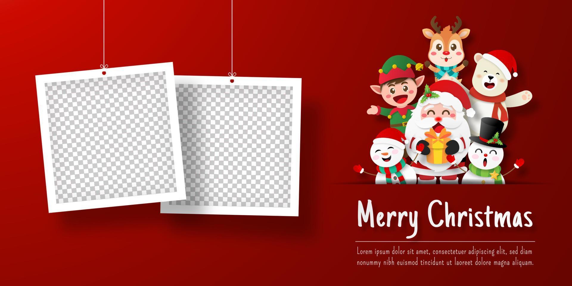 kerst briefkaart banner van de kerstman en vrienden met fotolijst vector