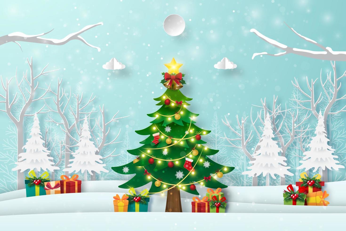 kerstboom in het bos met cadeautjes, vrolijk kerstfeest en gelukkig nieuwjaar vector