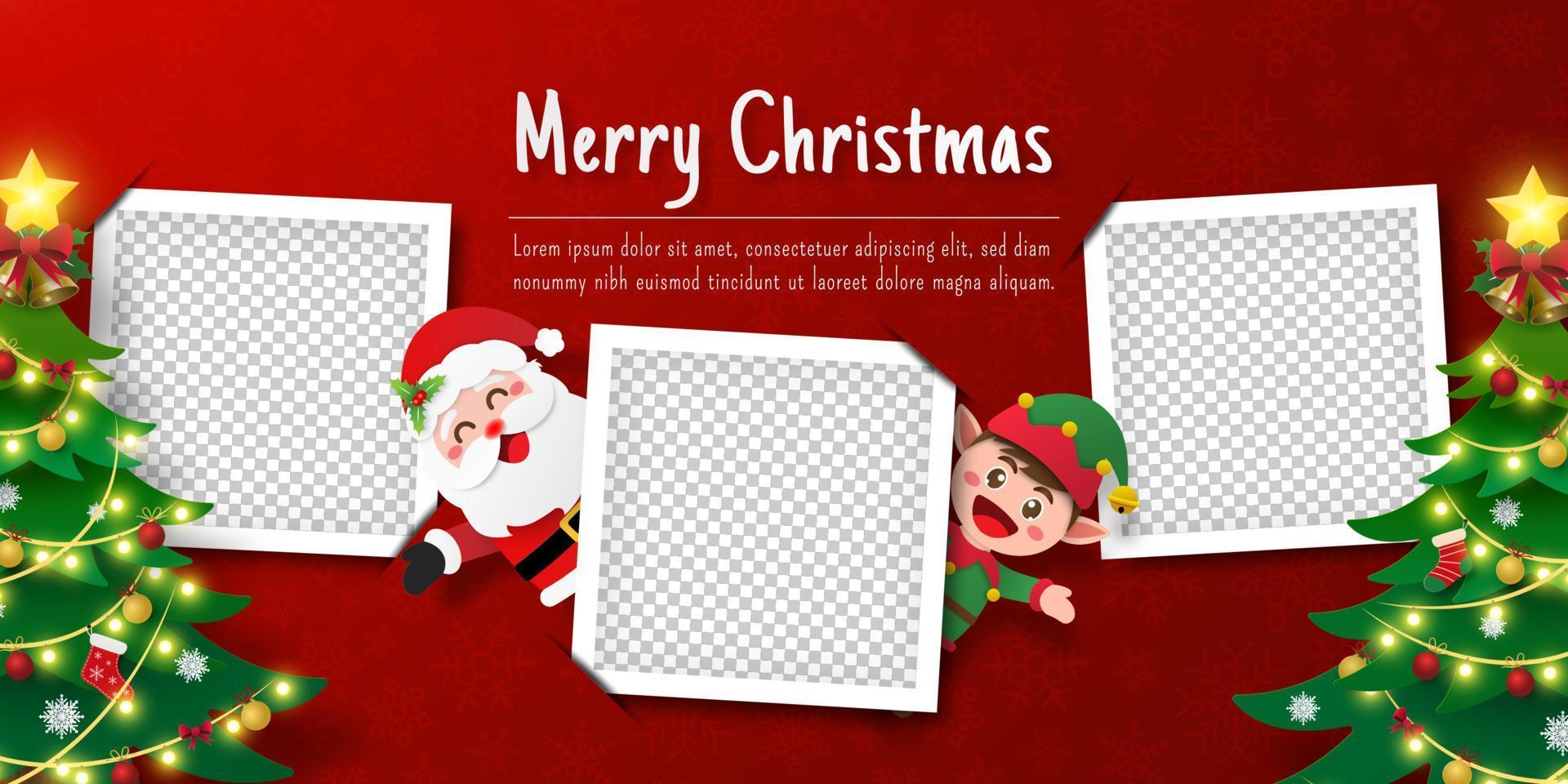 kerst ansichtkaart banner van de kerstman en elf met lege fotolijst vector