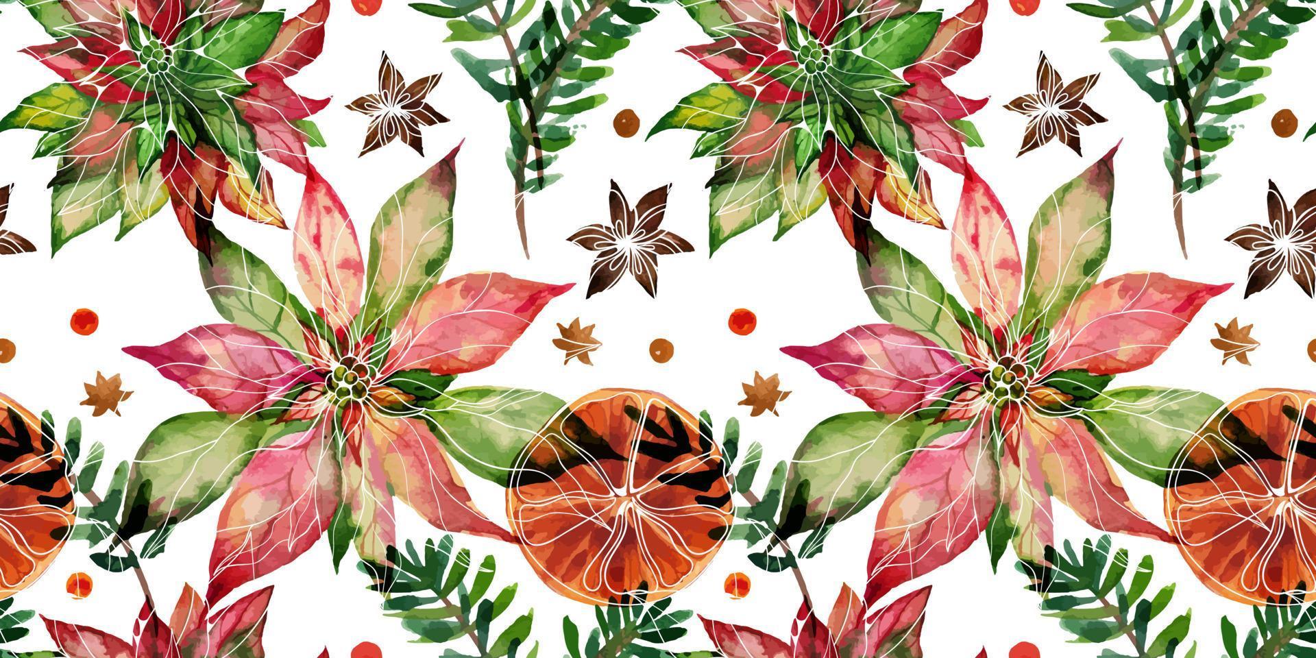 Kerstmis getraceerd aquarel naadloze bloemmotief op witte achtergrond. kerstster en sinaasappels en winterbessen. decor voor kerst- en nieuwjaarstextiel en inpakpapier en wenskaarten vector