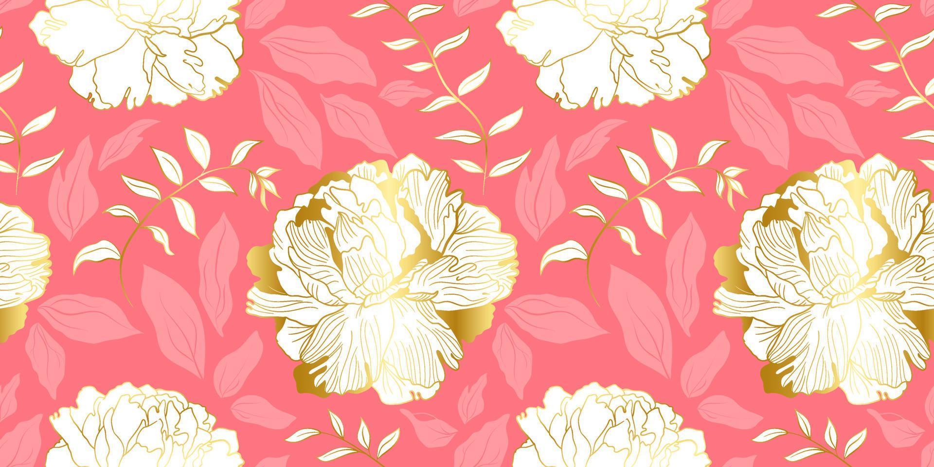 naadloze bloemmotief met witte colden pioenroos bloemen en zacht roze bladeren op een stoffige diep roze achtergrond. botanisch decor voor bruilofts- en wenskaarten en inpakpapier, voor textiel, woondecoratie vector