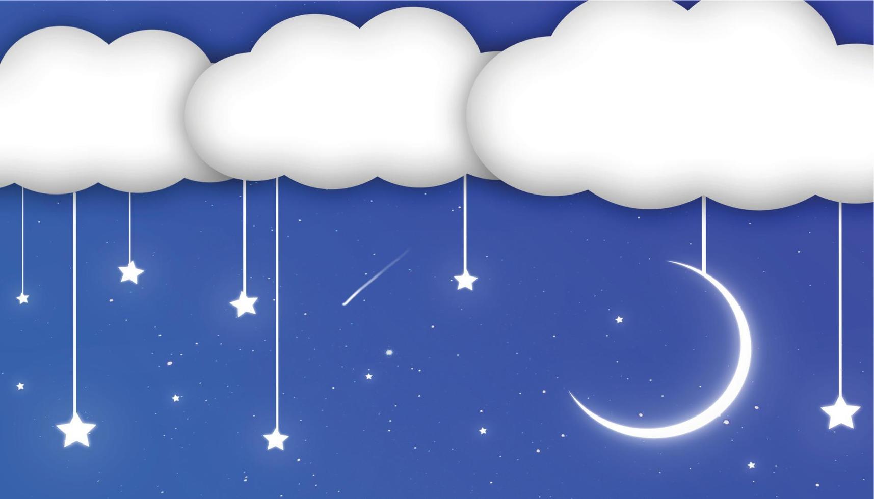 blauwe lucht met wolken en glanzende sterren en maan vectorillustratie, eenvoudige nachtelijke hemelillustratie vector