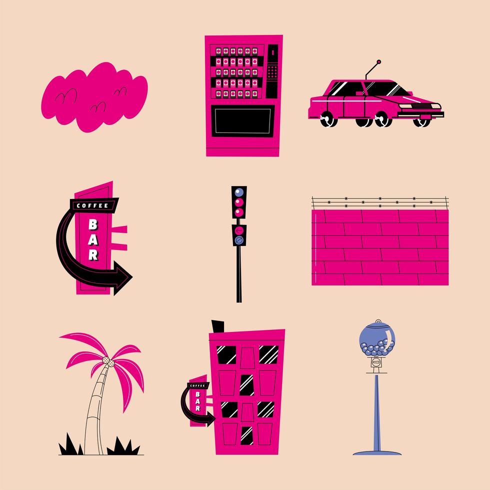 stedelijke en stad roze icon set vector design