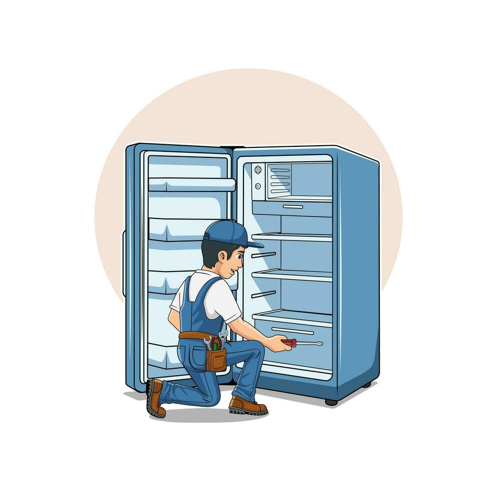 hvac onderhoud tekenfilm karakter repareren koelkast ontwerp illustratie vector