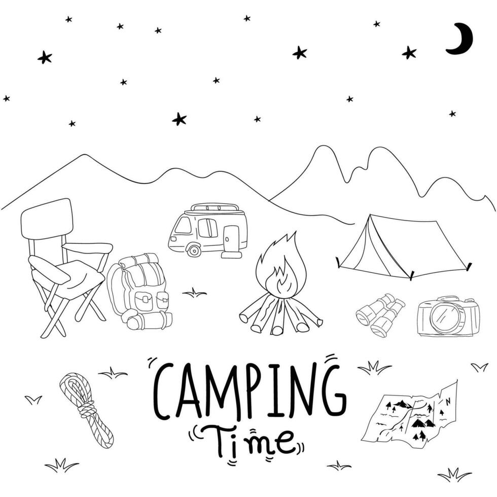 camping hand- getrokken tekening vector illustratie. camping concept.