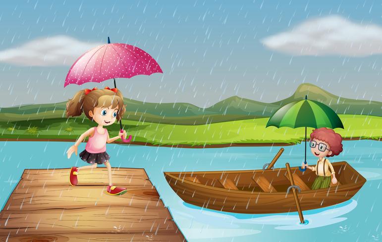 Meisje en jongen in de regen in het park vector