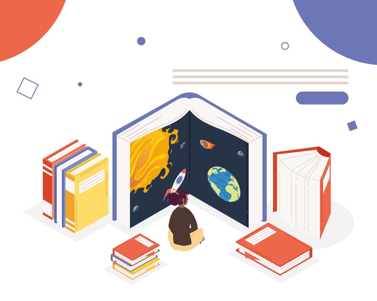 vrouw die boeken leest van de universumbibliotheek, boekdagviering vector