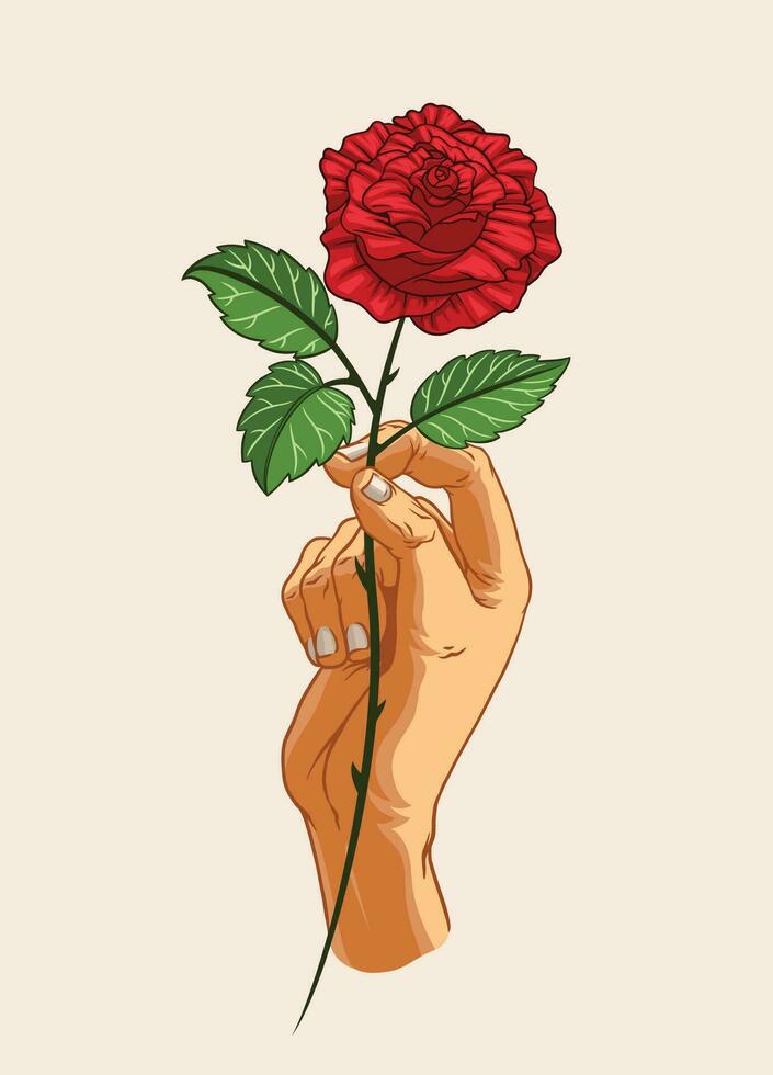 hand- Holding een roos hand- getrokken wijnoogst vector