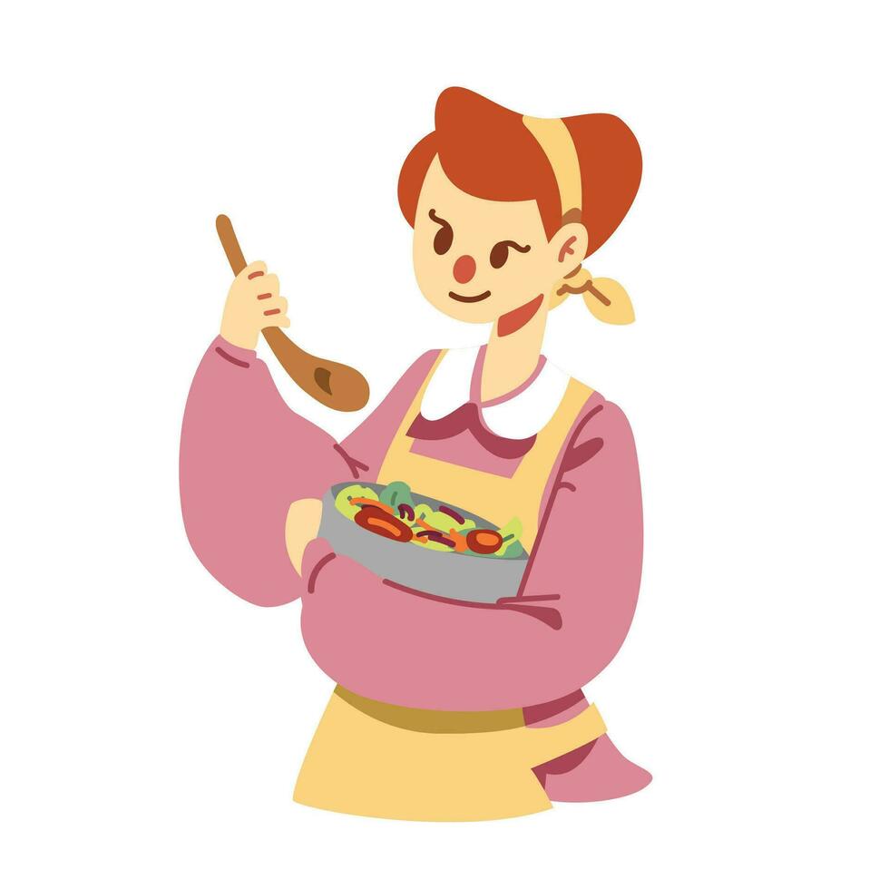 een vrouw maken eigengemaakt salade Bij huis. een vrouw eetpatroon met schoon aan het eten voor haar Gezondheid vlak vector illustratie. een vrouw genieten middellandse Zee eetpatroon met gezond voedsel, vers groenten en vruchten.