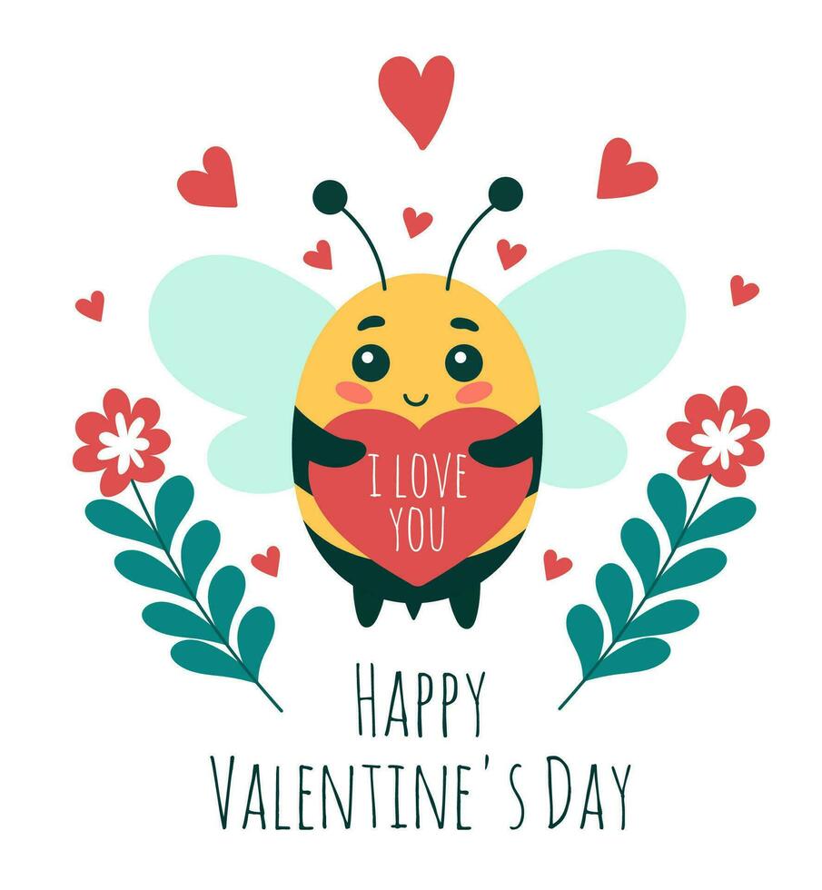 schattig insect bij met hart voor Valentijn dag, tekenfilm karakter vector illustratie